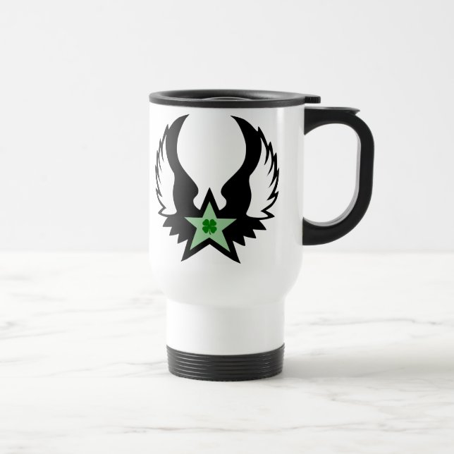 four leaf clover. winged star. travel mug (Right)
