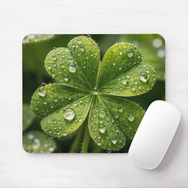 Four-leaf Clover With Raindrops Mouse Mat (With Mouse)