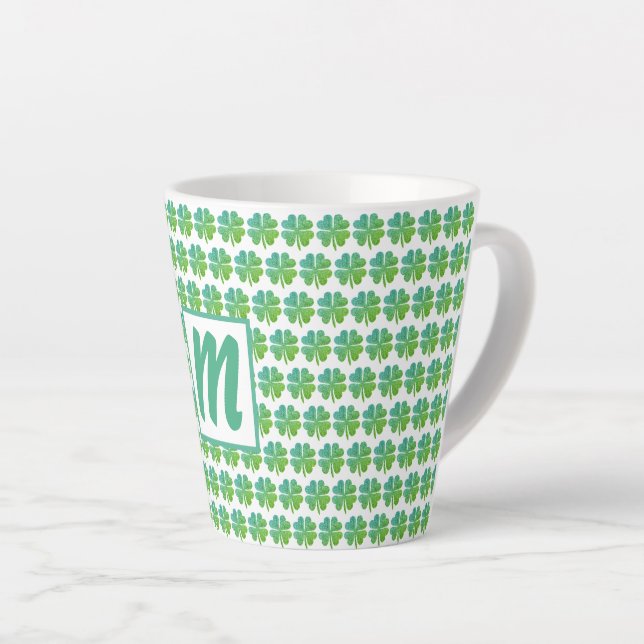 Four Leaf Clovers Pattern Green Blue Monogrammed Latte Mug (Right Angle)
