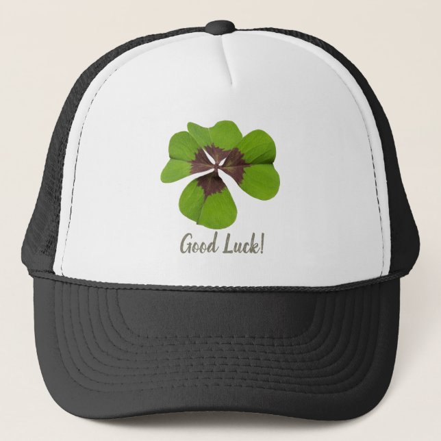 Four Leaf Lucky Clover St Patricks Day Good Luck Trucker Hat (Front)