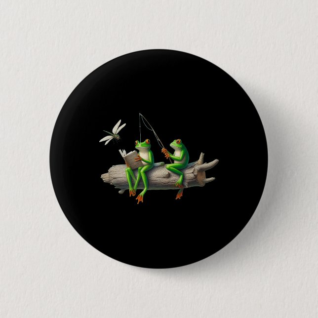 Four Legs Frog On A Log Frog Fishing Dragonfly Rea 6 Cm Round Badge (Front)