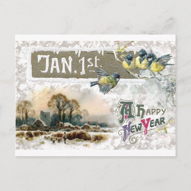 Four Little Birds Tweet Happy New Year Holiday Postcard (Front)