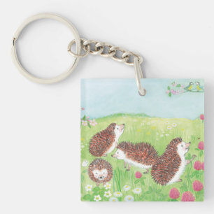 Four Little Hedgehogs in the Flowering Meadow Key Ring