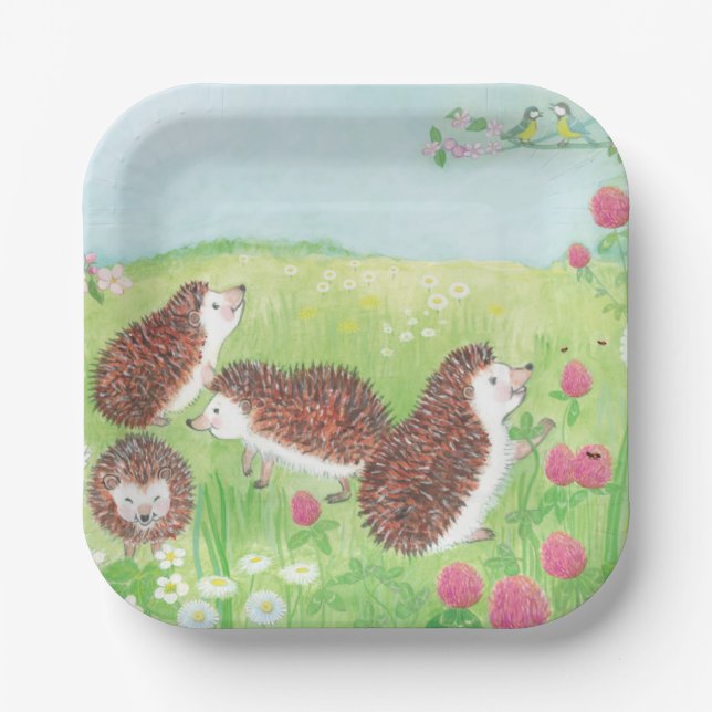 Four Little Hedgehogs in the Flowering Meadow Paper Plate (Front)