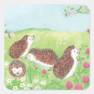 Four Little Hedgehogs in the Flowering Meadow Square Sticker