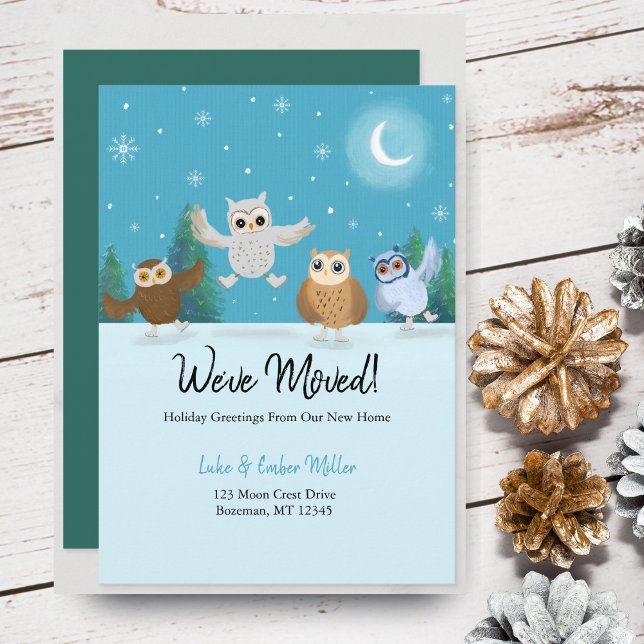 Four Little Owls Going Ice Skating Moving Announcement (Spread winter cheer with our charming owls, announcing your new address beautifully.)