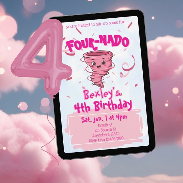 Four-Nado Pink Tornado 4th Birthday Invitation (Creator Uploaded)