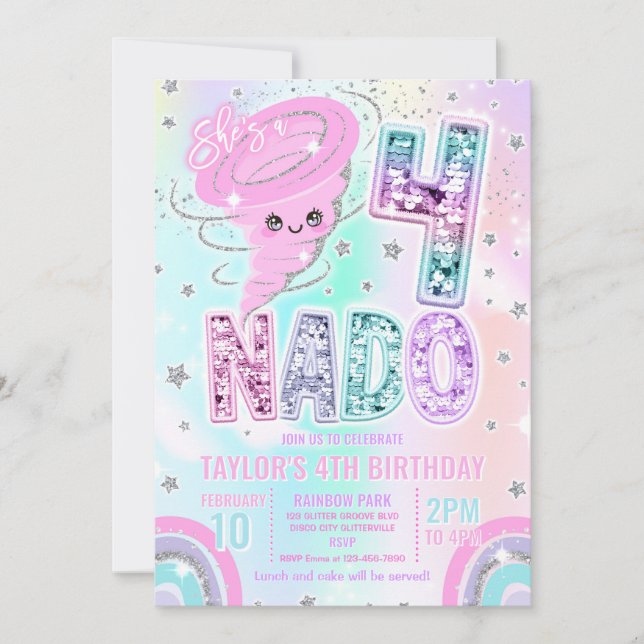 Four Nado Rainbow Glitter 4th Birthday Party  Invitation (Front)