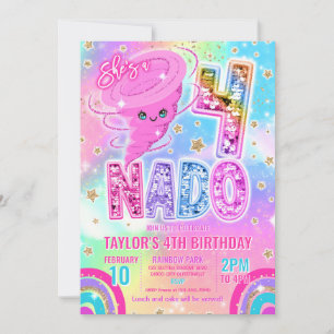 Four Nado Rainbow Glitter 4th Birthday Party  Invitation