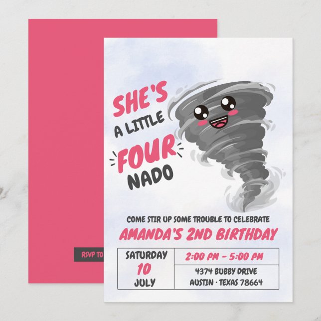 Four-Nado Tornado Fourth Birthday Party  Invitation (Front/Back)