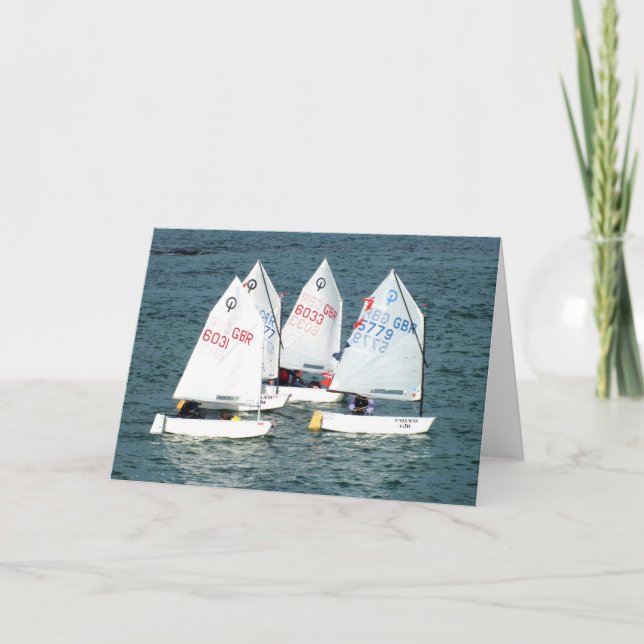 Four Optimist sailing boats Holiday Card (Front)