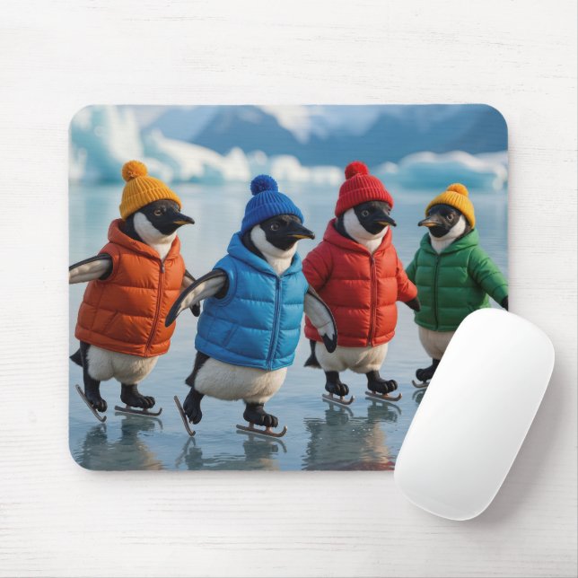 Four Penguins Ice Skating On Arctic Lake Mouse Mat (With Mouse)