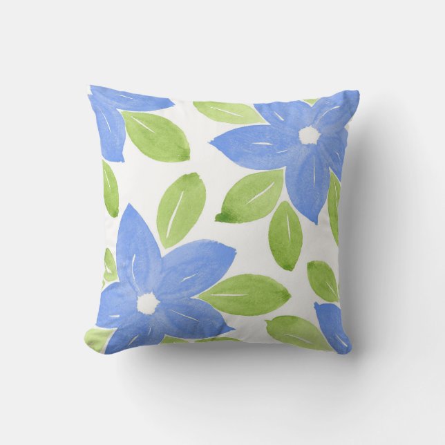 Four Periwinkle Blue Watercolor Flowers Cushion (Front)