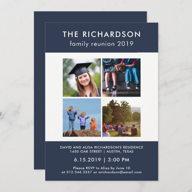 Four Photo Blue and White Family Reunion Invitation (Front/Back)
