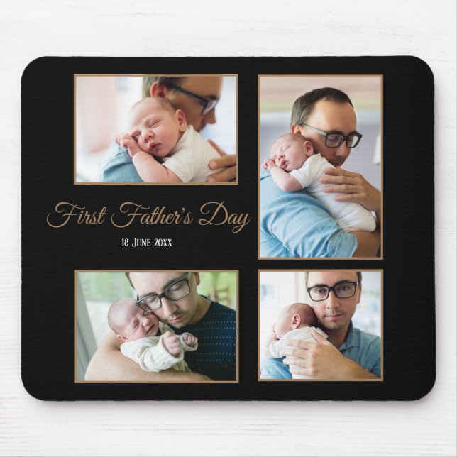 Four Photo Collage First Fathers Day Script Black Mouse Mat (Front)