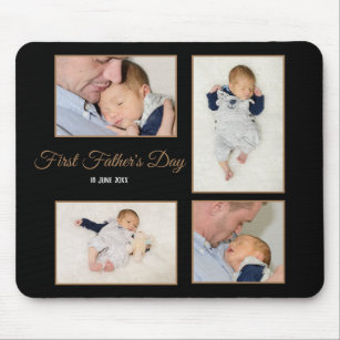 Four Photo Collage First Fathers Day Script Black Mouse Mat