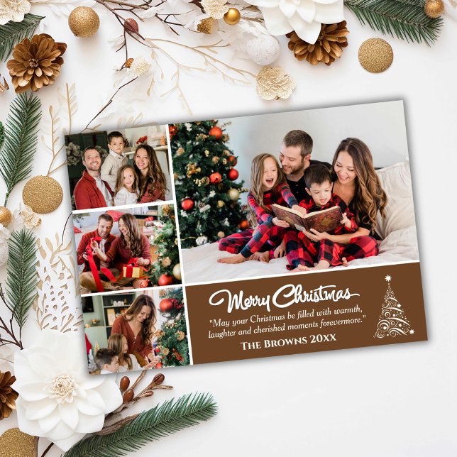 Four photo collage modern cute brown Christmas  Holiday Card (Front )