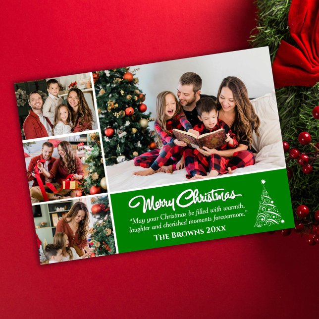 Four photo collage modern cute green Christmas  Holiday Card (Front )
