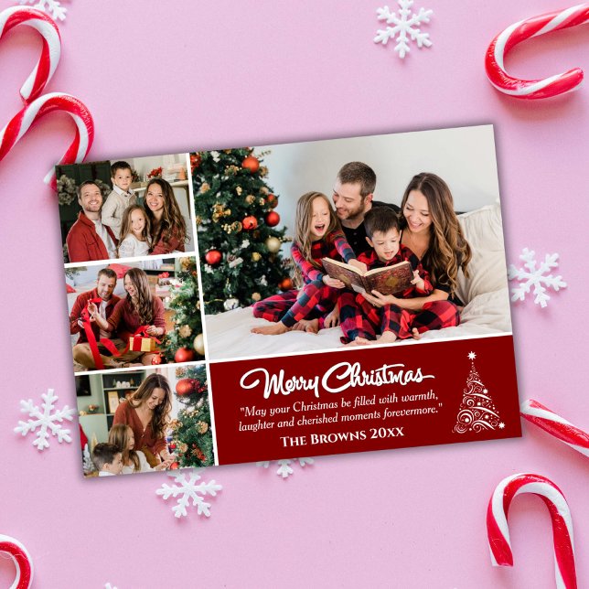 Four photo collage modern cute maroon Christmas  Holiday Card (Front )