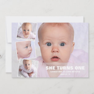 Four Photo Collage Pink First Birthday Card