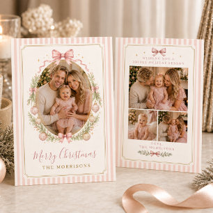 Four Photo Coquette Pink Bow Christmas Family Holiday Card