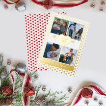 Four Photo Family Name Gold Red Hearts Christmas