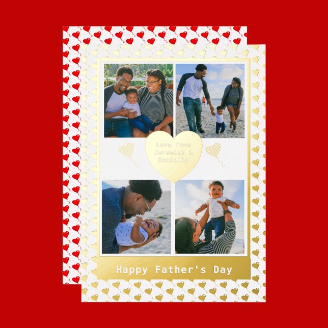 Four Photo Family Name Gold Red Hearts Fathers Day Foil Holiday Card (Creator Uploaded)