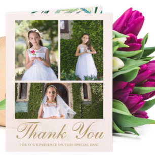 Four Photo Greenery First Communion Blush Thank You Card