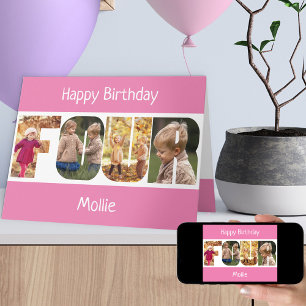 FOUR Photo Letters Pink Girls 4th Birthday Card