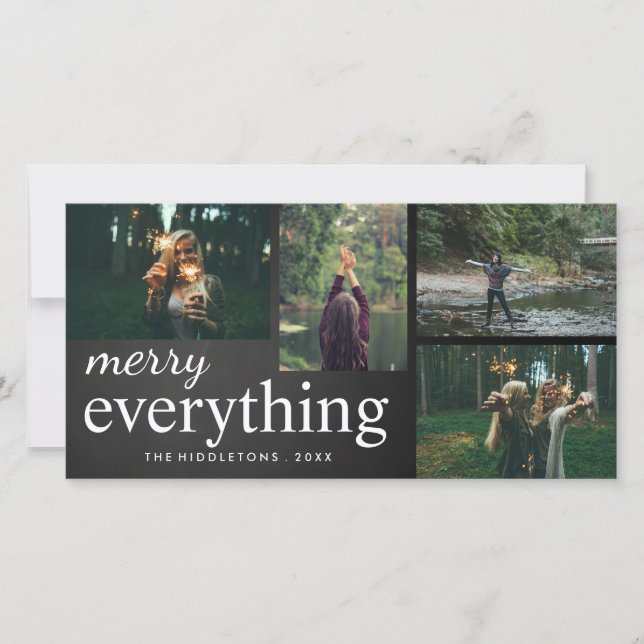 Four Photo | Merry Everything Chalkboard Script Holiday Card (Front)