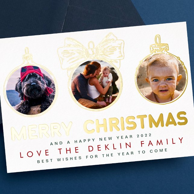 Four Photo Ornament Merry Christmas Happy New Year Foil Holiday Card (Creator Uploaded)