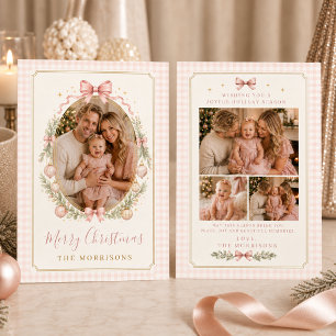 Four Photo Pink Bow Gingham Christmas Family Holiday Card