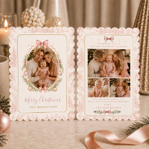 Four Photo Pink Bow Toile Christmas Family Holiday Card