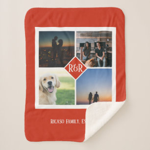 Four Photo Template and Monogram Personalised Red Sherpa Blanket