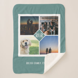 Four Photo Template Monogram Personalised Green Sherpa Blanket