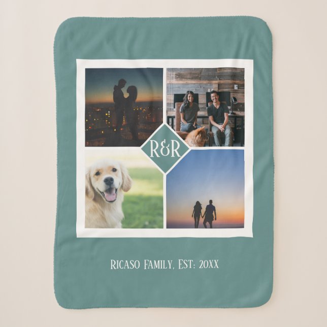 Four Photo Template Monogram Personalised Green Sherpa Blanket (Front)
