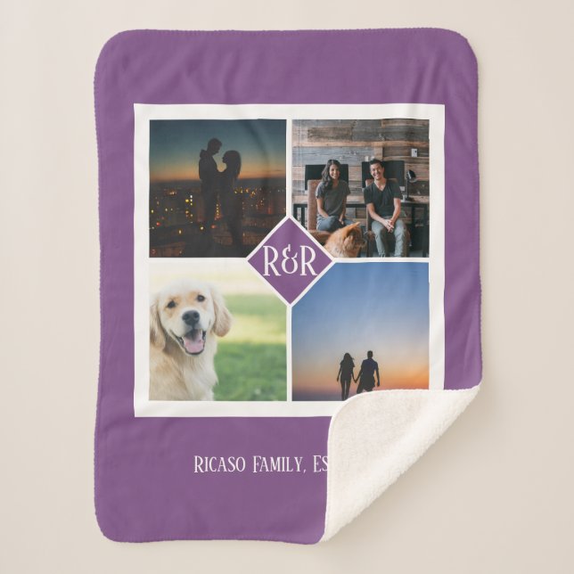 Four Photo Template Monogram Personalised Purple Sherpa Blanket (Front)
