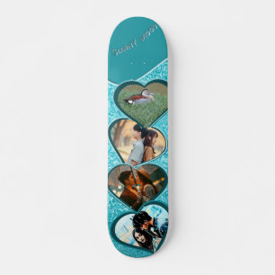 Four photos and name heart blue water abstract skateboard