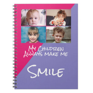 Four photos children make me smile pink purple notebook