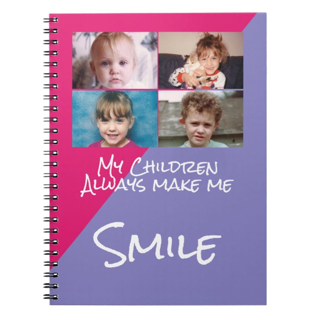 Four photos children make me smile pink purple notebook (Front)