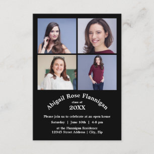 Four Photos Collage Black- 3x5 Graduation Invitation