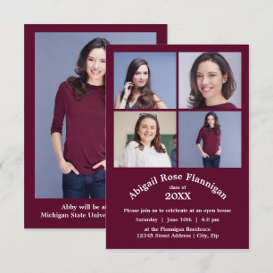 Four Photos Collage Burgundy- 3x5  Graduation Invitation