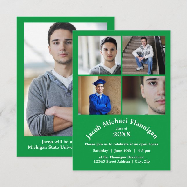 Four Photos Collage Green 3x5- Graduation Announce Invitation (Front/Back)