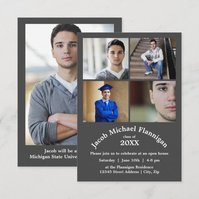 Four Photos Collage Grey 3x5- Graduation Announce Invitation (Front/Back)