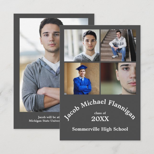 Four Photos Collage Grey 3x5- Graduation Announce Invitation (Front/Back)