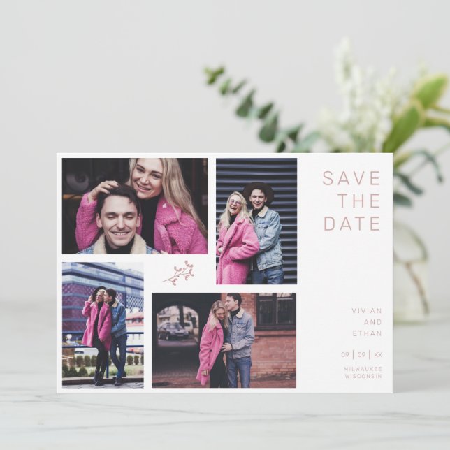 Four Photos Modern Minimalist Collage Wedding Save The Date (Standing Front)