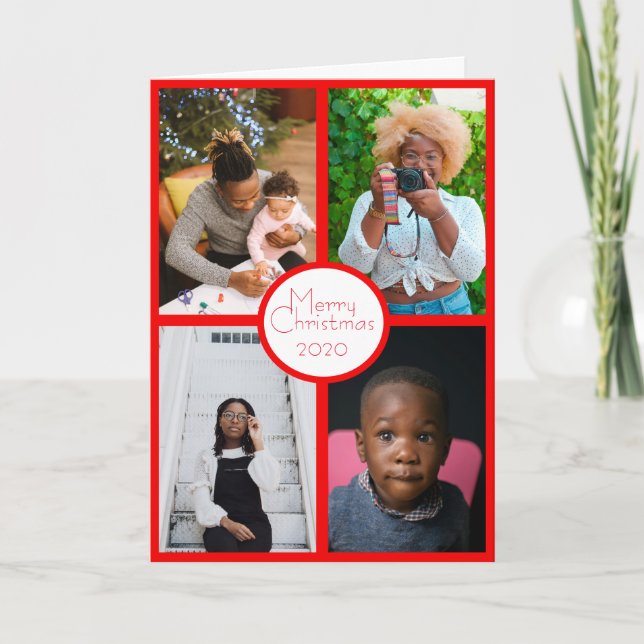 Four Photos red border Love Peace Happiness Holiday Card (Front)