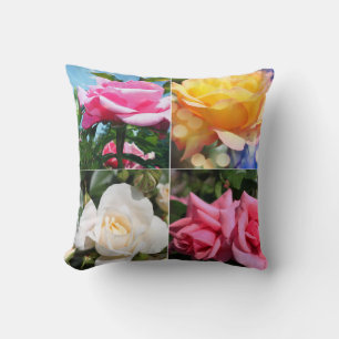 four pink, white, yellow rose flowers cushion