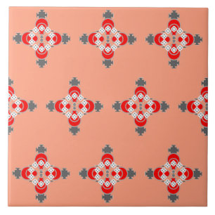 Four point Mandala, Coral, Grey / Grey and Red Tile