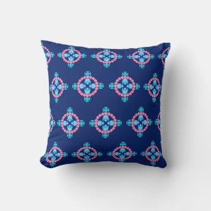 Four point Mandala, Indigo Blue, Turquoise & Pink Cushion